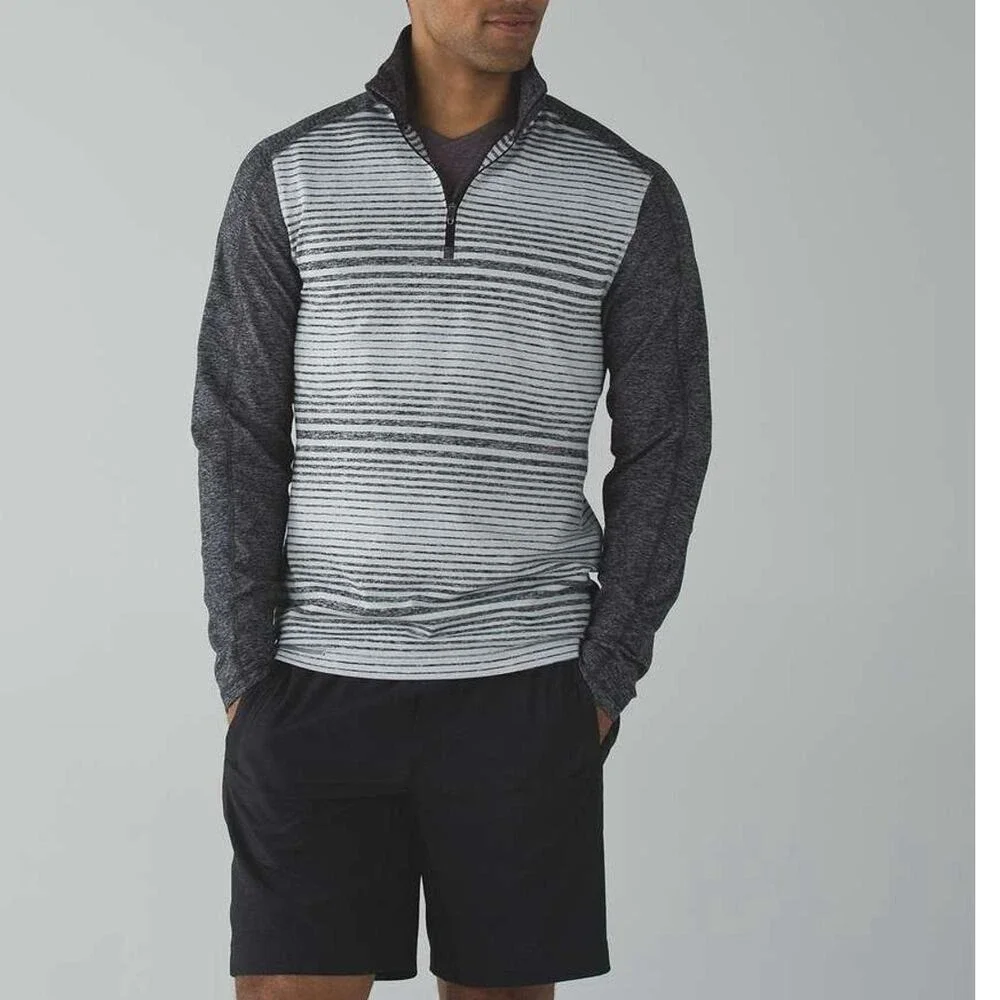 Lululemon Sz L Surge Warm 1/2 Zip Mini Akido Stripe Heathered Black Silver Spoon